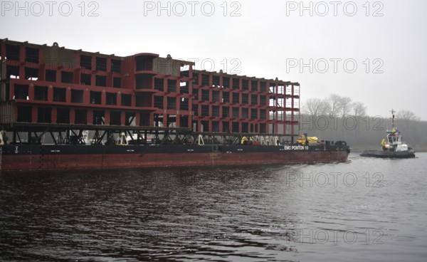 Tugboats transport parts of a ship in fog through the Kiel Canal, NOK, Kiel Canal, Kiel Canal,