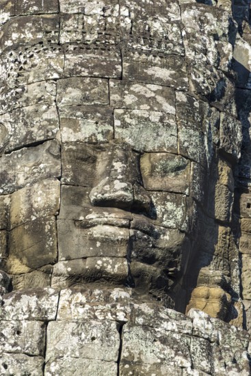 Huge stone-carved face of Bodhisattva Lokeshvara, also Avalokiteshvara, Bayon Temple, Angkor Thom,