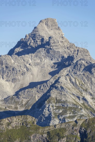 Mountain panorama from the Koblat-HÃ¶henweg on the Nebelhorn across the Obertal with lush green