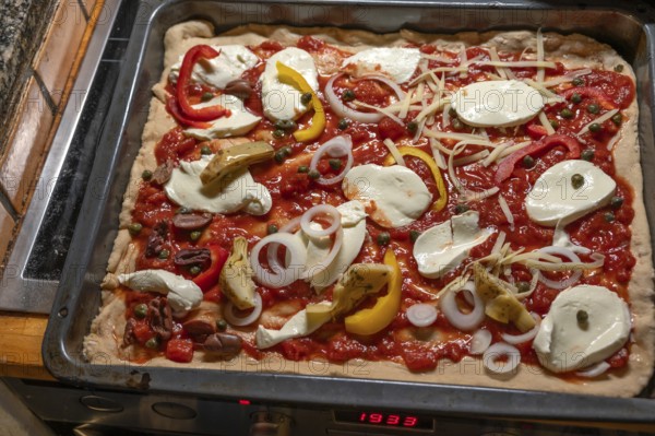 Homemade pizza topped with gorgonzola and tomatoes, olives and peppers on a baking tray in front of