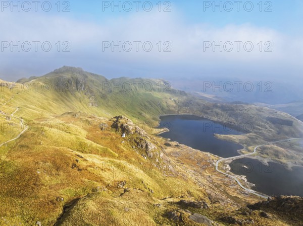 Pyg Track over Llyn Llydaw lake from a drone, Pen-y-Pass, mountain pass, Snowdonia, Gwynedd,