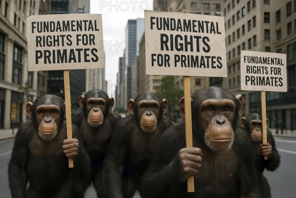 A group of chimpanzees demonstrates and demands basic rights for primates, symbolic image law,