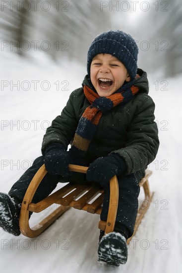 A boy sledges down a hill laughing happily on a sled, symbolizing winter, winter sports, sledding,