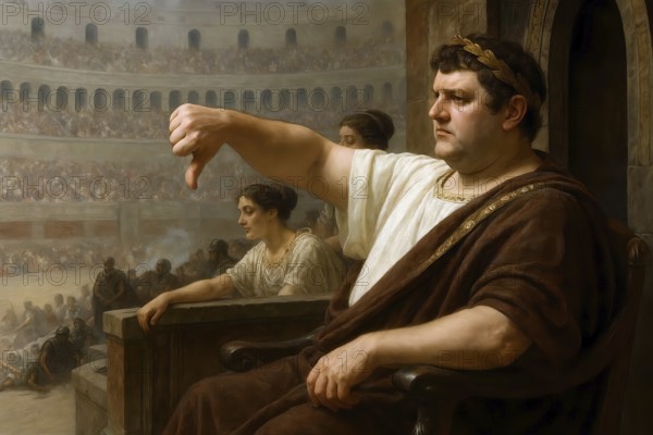 The Roman Emperor Nero lowers his thumbs in the ancient arena in which gladiator battles take
