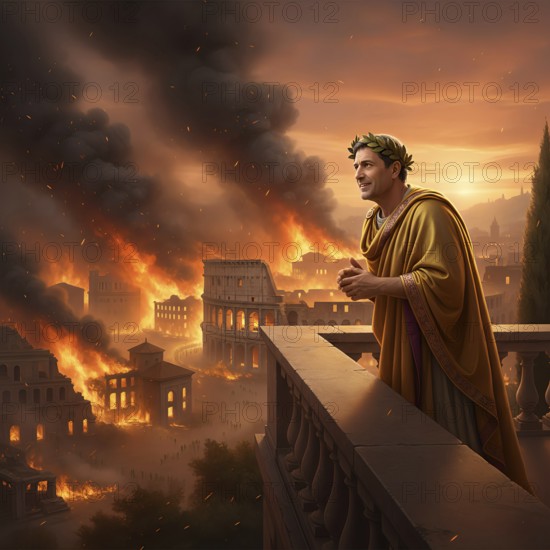 The Roman Emperor Nero looks at the fire of Rome from Palatine Hill, symbolic image of Empire,