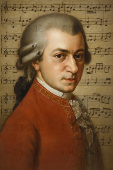 Portrait of composer Wolfgang Amadeus Mozart in front of musical notes, symbol of music, musician,