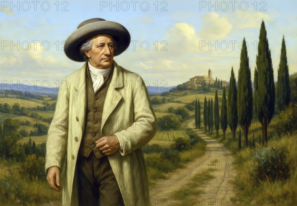 Johann Wolfgang von Goethe in front of an Italian landscape, symbolic image poet, politician,