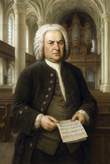 Portrait of Johann Sebastian Bach, composer and musician in a church, symbolic image music,