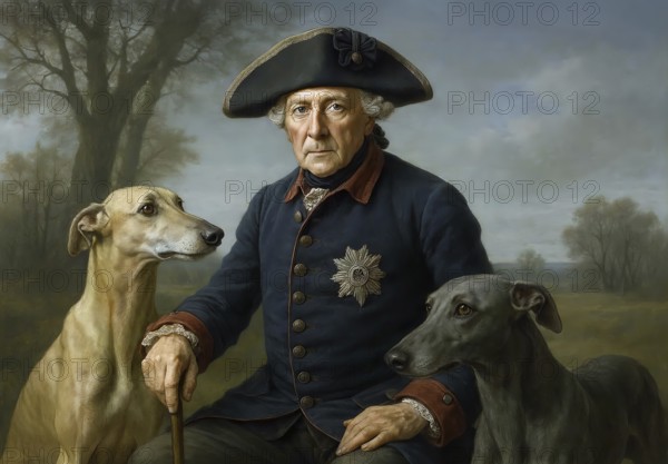 Portrait of the Prussian King Frederick II, Frederick the Great with his greyhounds, symbolic image