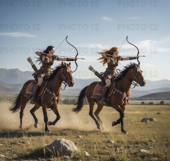 Two Amazons ride on horses and armed with bows and arrows, symbolic image warrior, female rider,