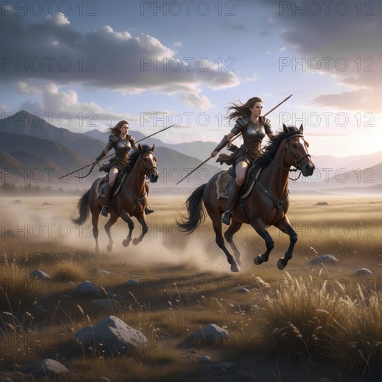Two Amazons ride on horses and armed with spear, symbolic image warrior, female rider, Greek