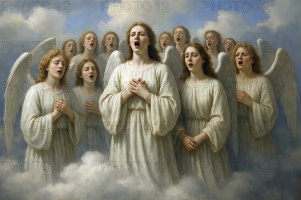 A choir of angels sings on a cloud in the sky, symbolic picture kitsch, music, song, angel chorus,
