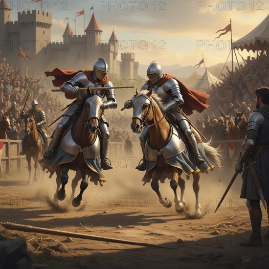Two knights in armor and with helmet and lance ride and fight each other in a medieval tournament,