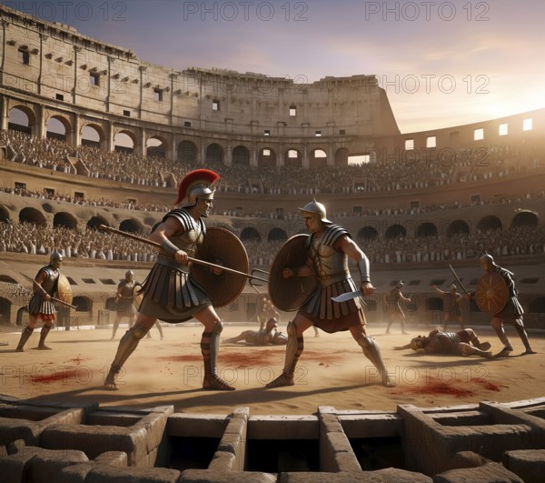 Two gladiators with helmet, shield and sword fight in a Roman arena, symbol ancient, Roman,