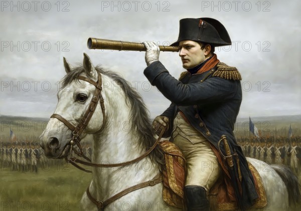 The French Emperor Napoleon Bonaparte on his horse looks through his telescope at the troops of his