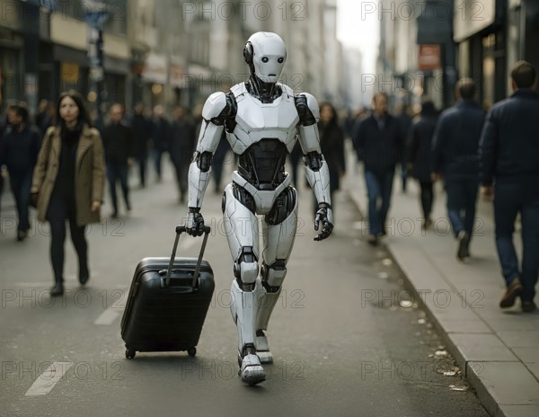 Symbolic picture, a humanoid robot with luggage and suitcase on the way to a trip, cybernetics,