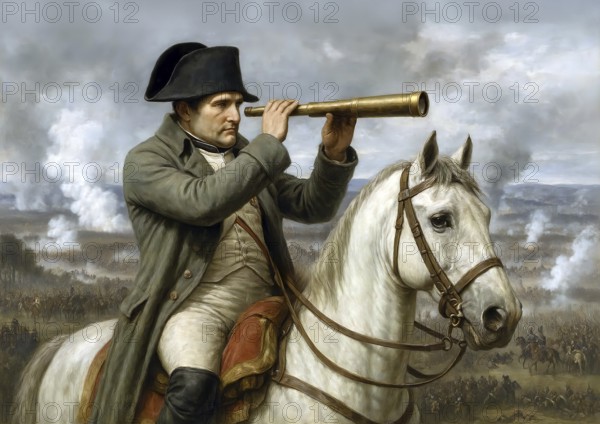 The French Emperor Napoleon Bonaparte on his horse looks through his telescope at the troops of his