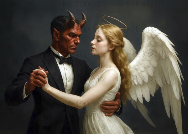 An angel and a devil dance together, symbolic image contrast, opposites, heavenly, devilish,