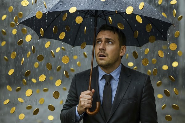 A man under an umbrella, it rains coins, symbolic image, money, wealth, greed, money rain, finance,