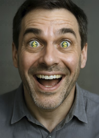 Portrait, a man has dollar signs in his eyes, symbolic image, money, dollars, finances, finance,