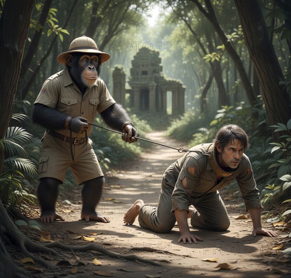A chimpanzee leads a human, a man, on a leash, symbolic image, domination, slavery, pet,