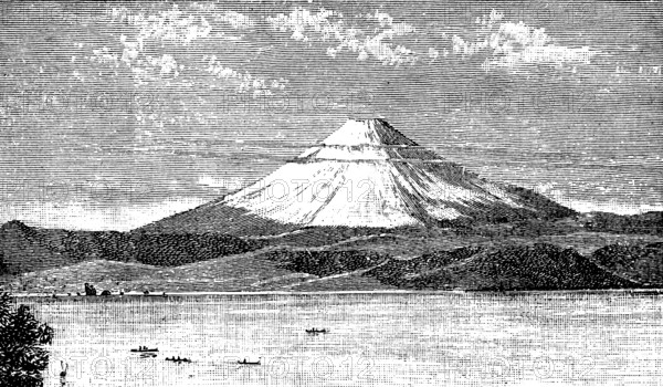 The snow-capped volcano Fuji (3776m) highest mountain in Japan, single mountain, geology,