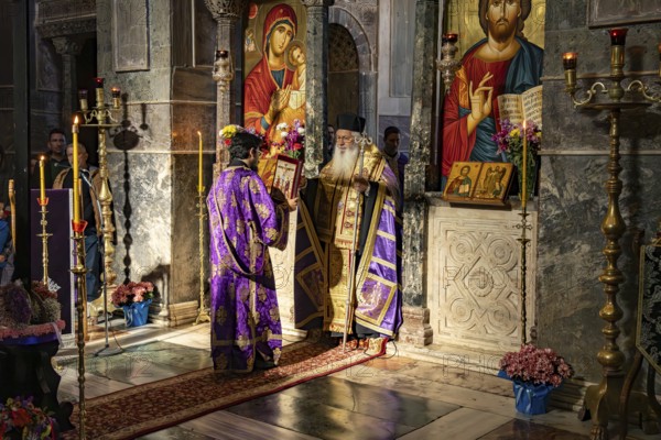 Orthodox priests at Mass on Good Friday in the Catholicon of Hosios Luke Monastery, UNESCO World