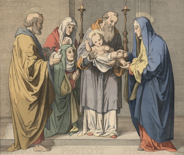 Biblical story depicting Jesus in the temple. Presentation of the Lord in which the infant Jesus is
