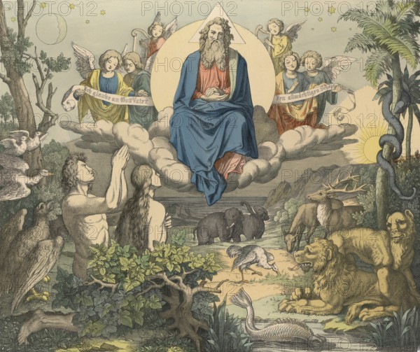 Biblical story, The Creation of the World, illustration, reproduction from a 19th century model.