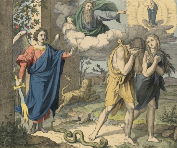 Biblical story, punishment of the first sin and promise of the Redeemer, expulsion of Adam and Eve