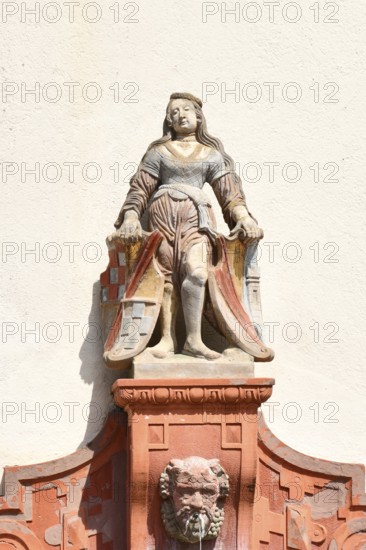 Ettlingen, Germany - August 13th: shield maiden sculpture on Fountain called 'Schildhalterin