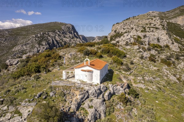 Greek Orthodox Church of the Annunciation seen from the air in the countryside near Konistres,