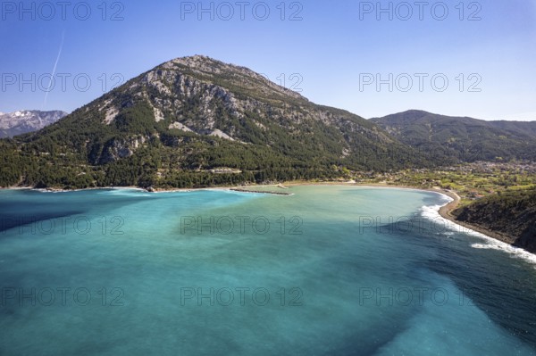 Landscape, coast and beach near the village of Pili or Pelio seen from the air, Euboea or Evia