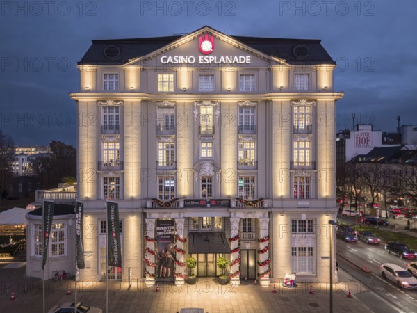 Aerial view of the illuminated Casino Esplanade (Spielbank Hamburg) at Blue Hour on Stephansplatz,