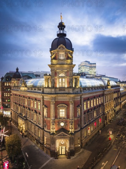 Aerial view of Old Oberpostdirektion am Stephansplatz during the blue hour with clouds in the
