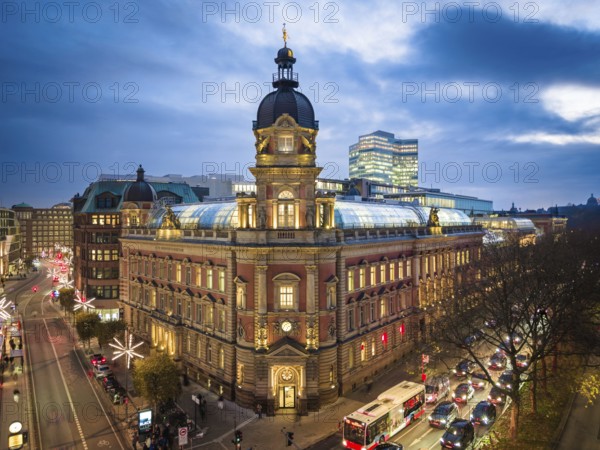 Aerial view of Old Oberpostdirektion am Stephansplatz during the blue hour with clouds in the