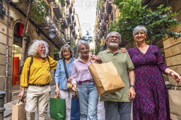 Group of diverse senior friends walking on a narrow city street, holding shopping bags, smiling and