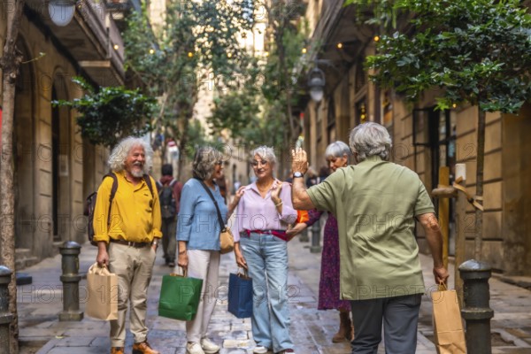Group of diverse senior friends meeting and greeting on a charming narrow urban street, enjoying a