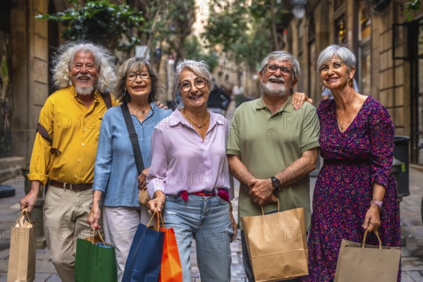 Happy senior friends smiling while standing on a historic city street, confidently enjoying a