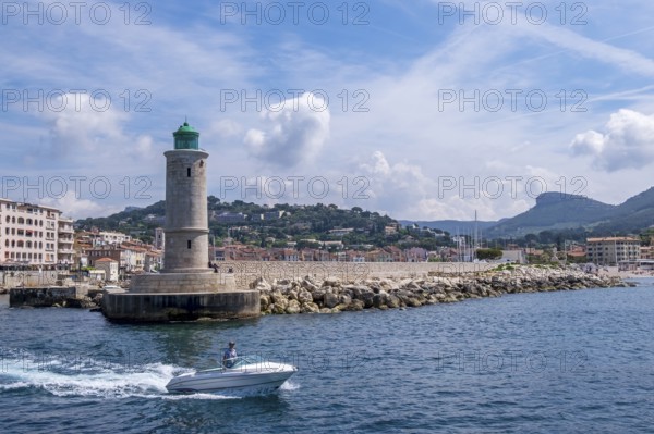 Cassis lighthouse and port entrance, lighthouse in the port of Cassis, Provence,
