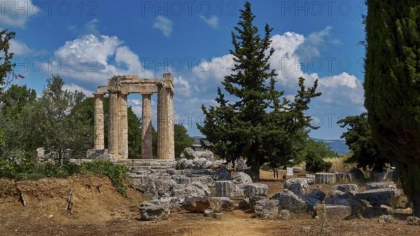 Ruins of an ancient temple against a blue sky with trees and scattered stones, Ancient Zeus