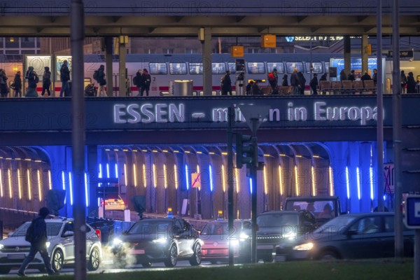 The main train station in Essen, blue-lit underpass, bus station, am Europaplatz, public transport