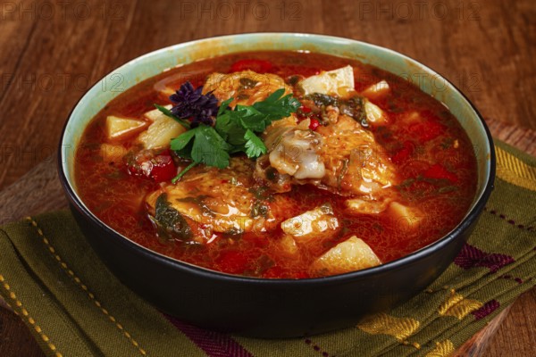 Souzi soup. Georgian dish, meat with oats, tomato sauce and herbs, on a wooden table