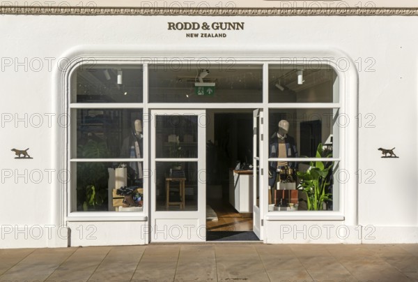 Shopfront window display Rodd & Gunn shop store, Cathedral Yard, Exeter city centre, Devon,