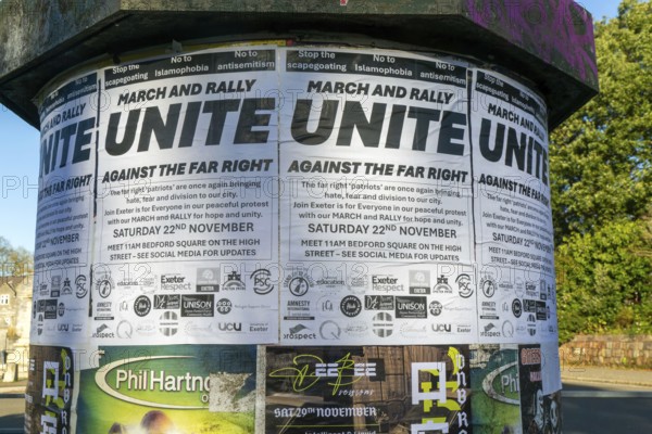 Poster notice about March and Rally, Unite against the Far Right, Exeter, Devon, England, UK