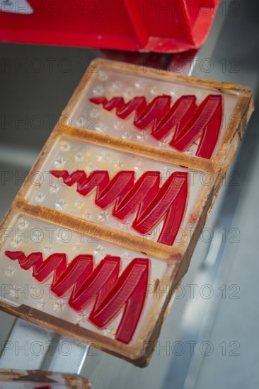 Red tree molds in a plastic chocolate mold, ready for casting, Christmas baking, Haselstaller Hof,