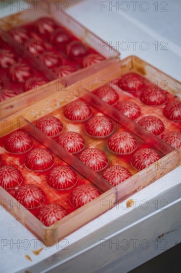 Red balls with white pattern lie in shaped individual compartments, Christmas baking, Haselstaller
