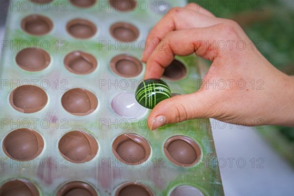 Hand holding green chocolate candy with white stripes from a chocolate mold, Christmas baking,