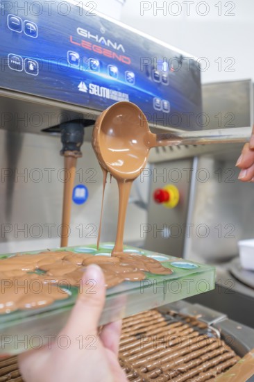 A ladle pours chocolate from a machine into green chocolate molds, Christmas baking, Haselstaller