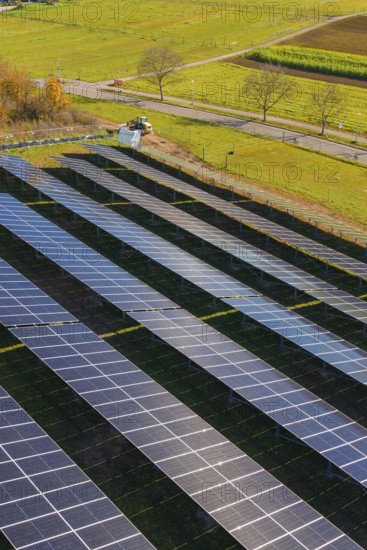Close-up of solar panels in a field surrounded by autumn leaves, Bau PV Freifaechenanlage, Weil der